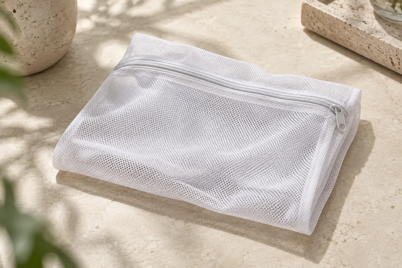 Illustrative empty white mesh laundry bag on a pale stone surface