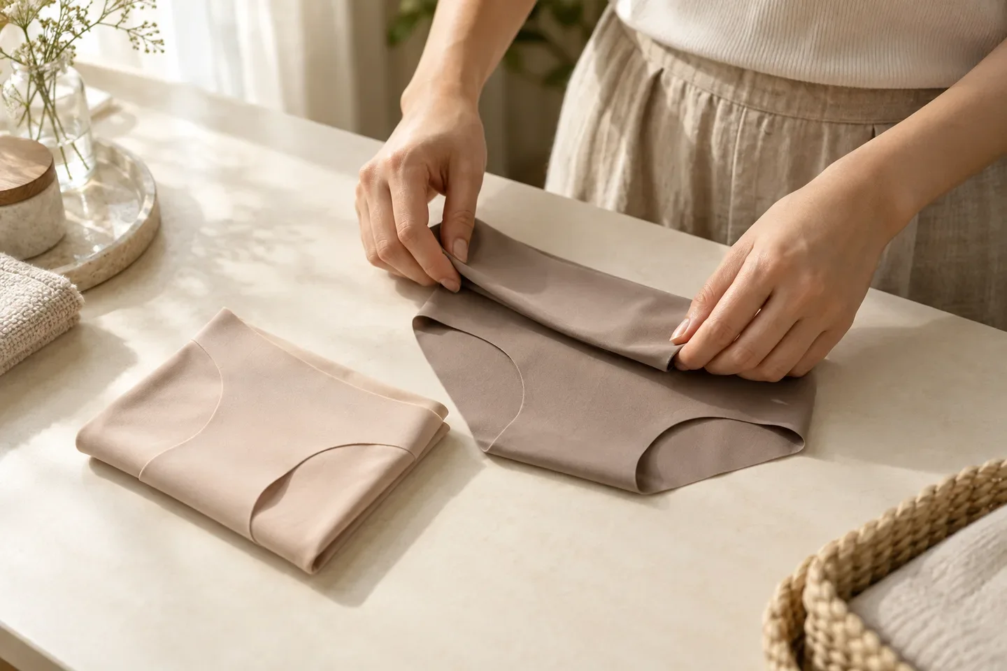 Illustration of hands gently folding a smooth seamless brief