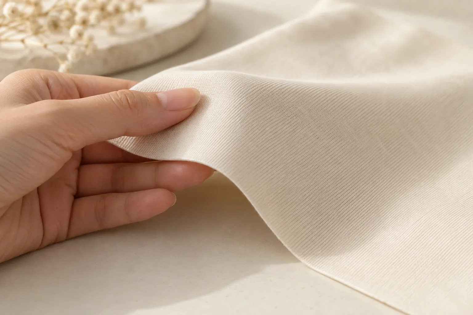 Illustration of a hand gently lifting ivory knit fabric