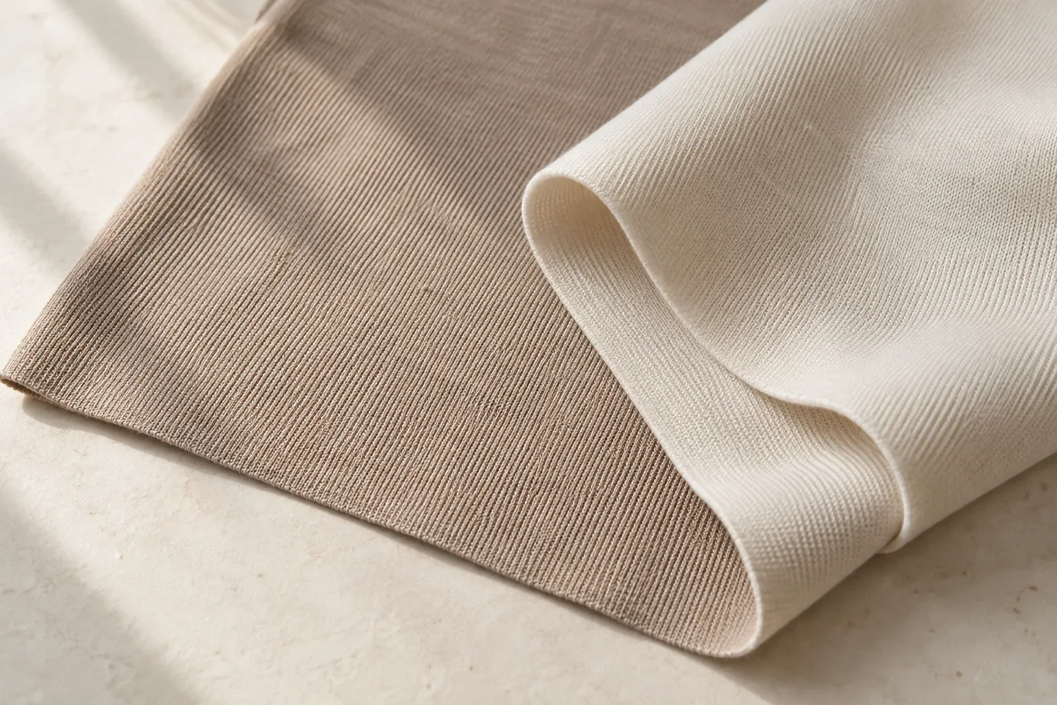Illustration of folded taupe and ivory knit fabric swatches